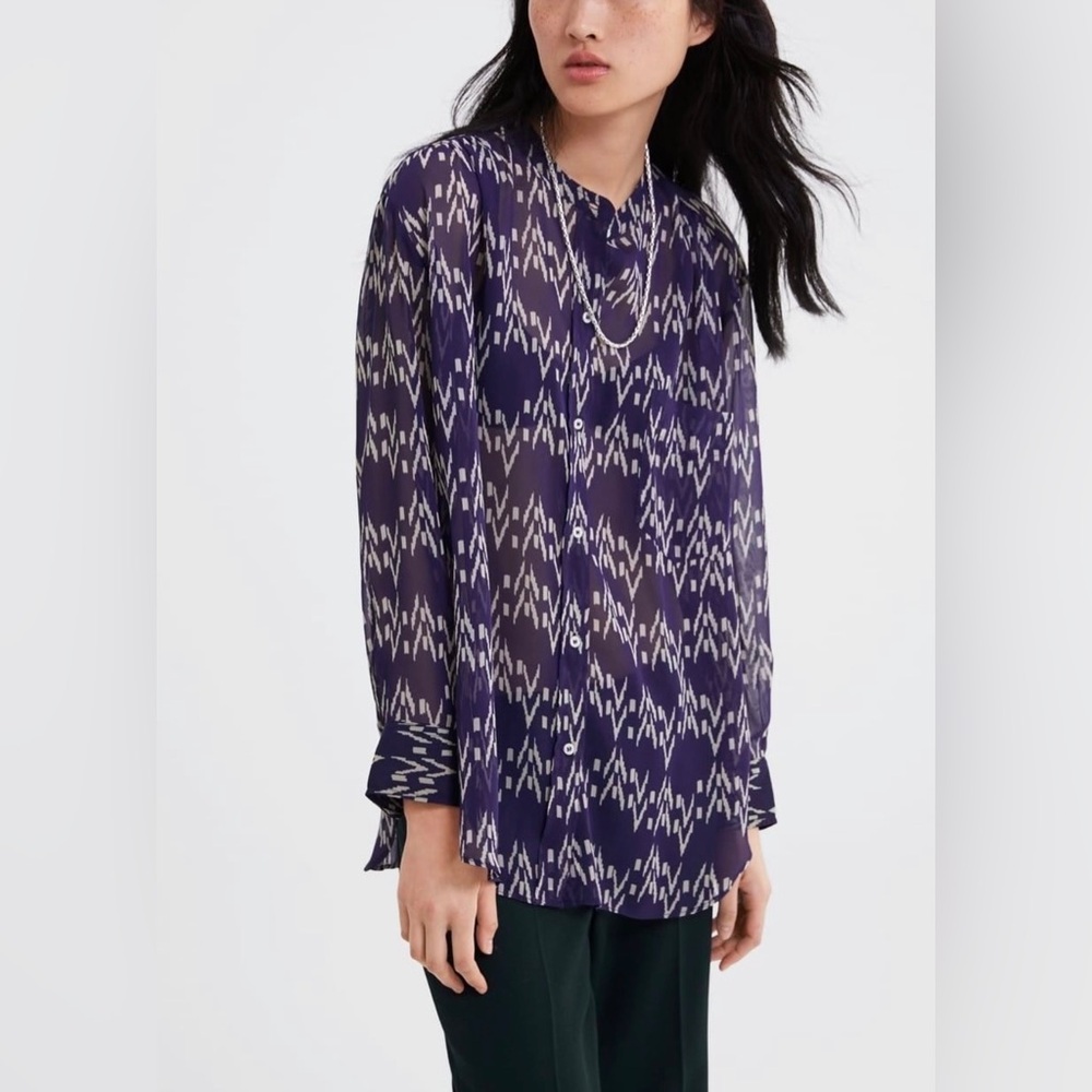 NWT ZARA Sheer Purple Pattern Oversized Button Front Blouse Top Size XS